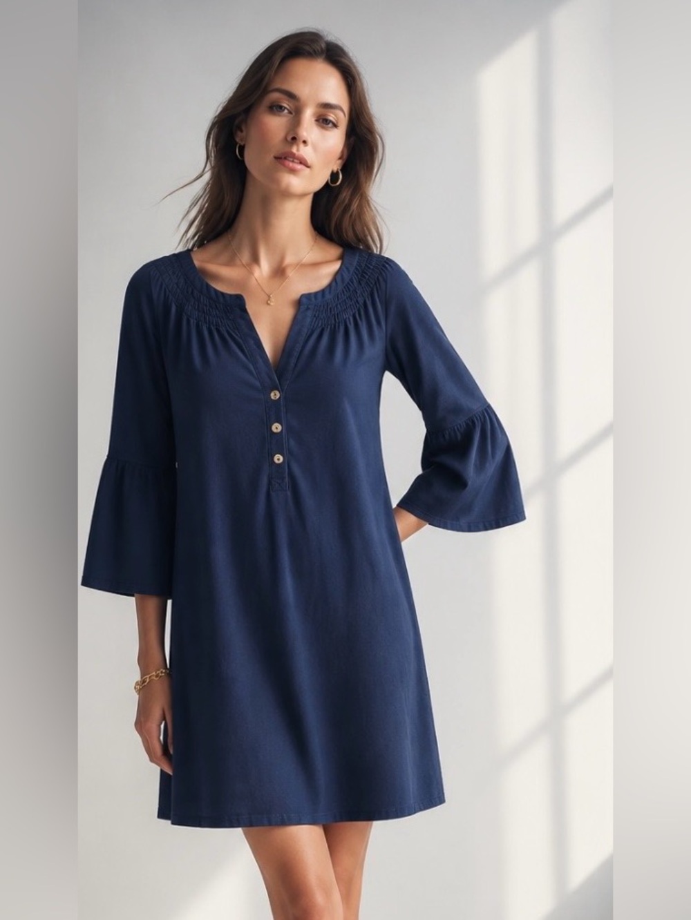 LILLY PULITZER Dress M Navy Blue Pima Cotton Smocked Bell Sleeve V Neck Knit